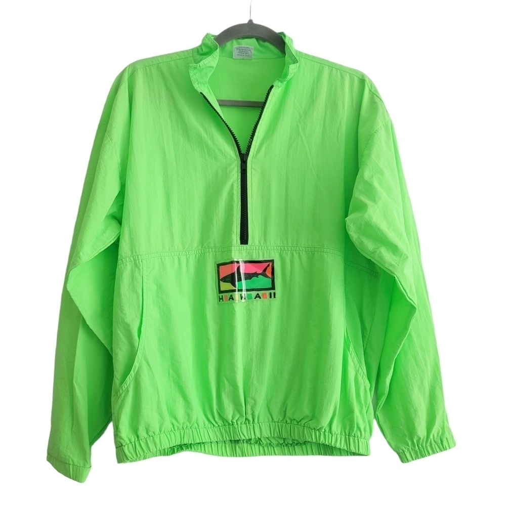 VTG Crazy Shirt Hawaii Neon Green Half Zip Windbreaker Nylon Pullover Men Small